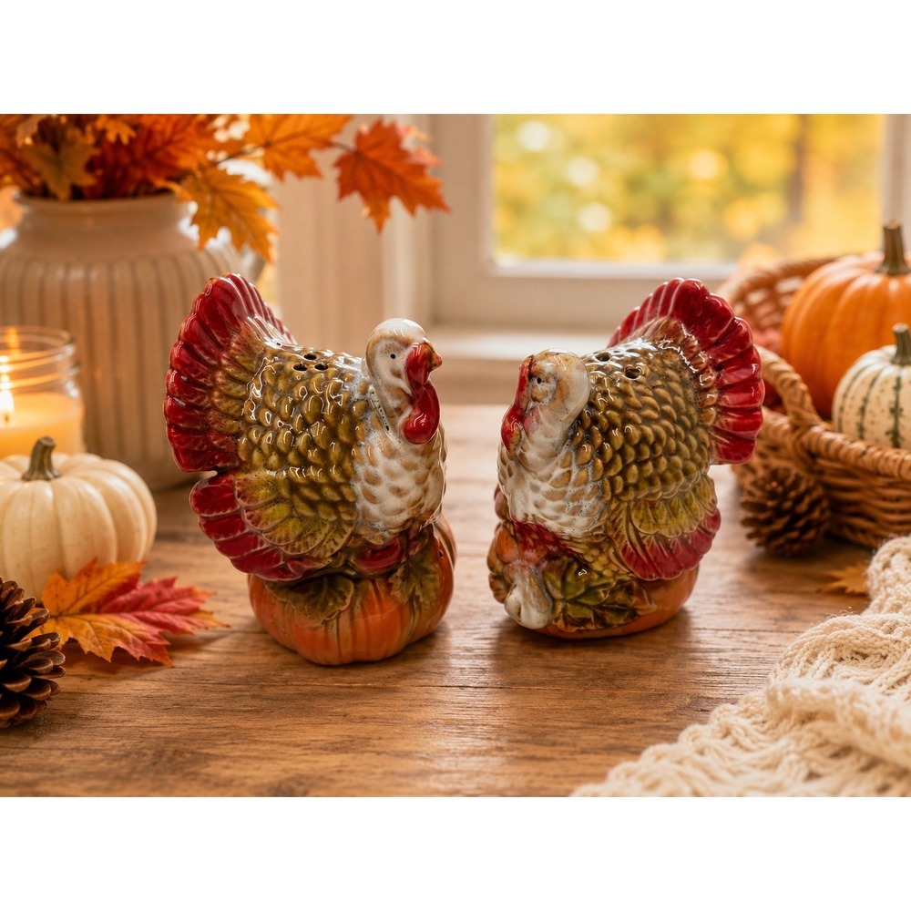 Vintage Ceramic Turkey Salt Pepper Shakers Thanksgiving Fall Cottagecore Decor